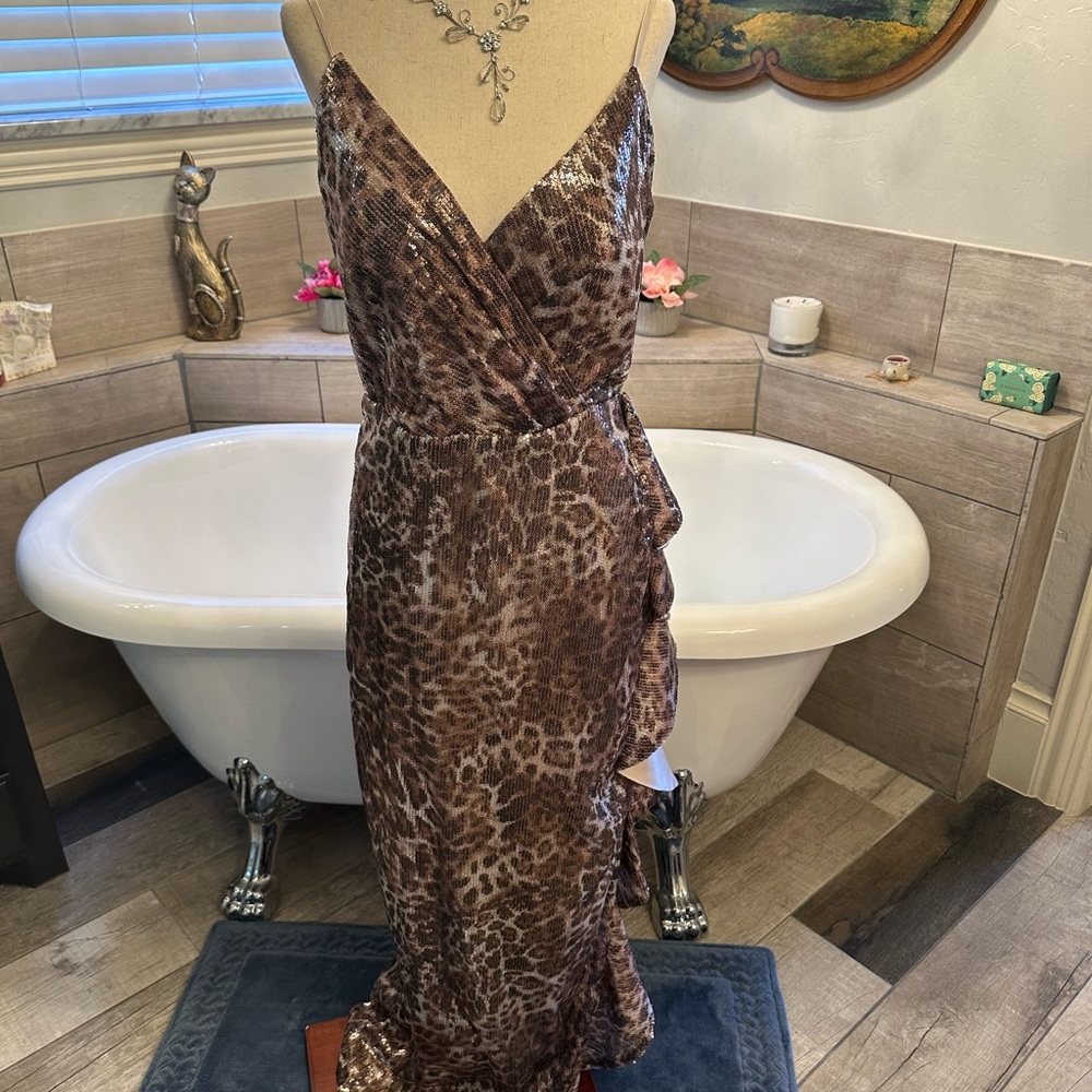 Leopard Print Sequin Ruffle Slit Formal Sexy WOW Dress